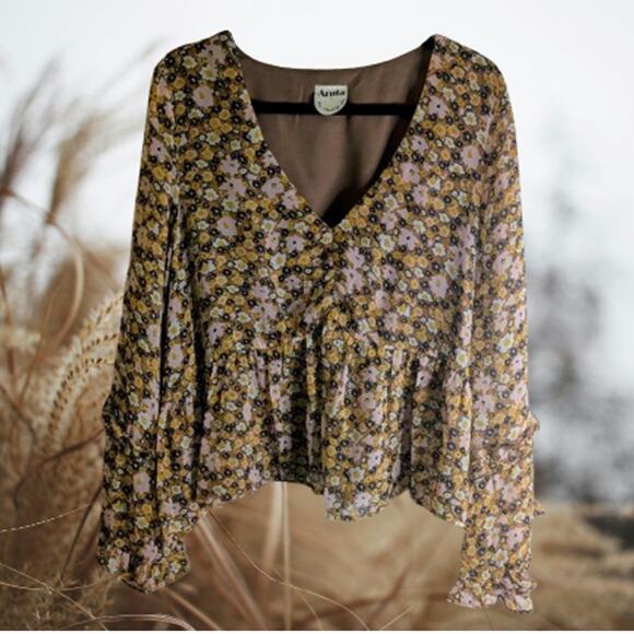 Arula 1XL (A) long sleeve yellow and brown floral lined woman's v neck blouse. - Picture 1 of 1